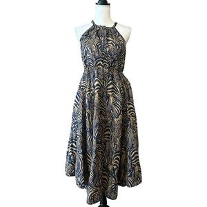 Banana Republic LINEN MIDI DRESS SZ XS in Navy Tan Zebra Print‎